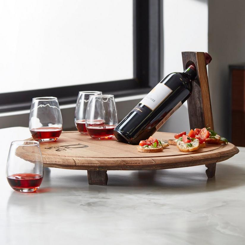 Barrelhead Charcuterie and Wine Serving Board with Stemless Glasses