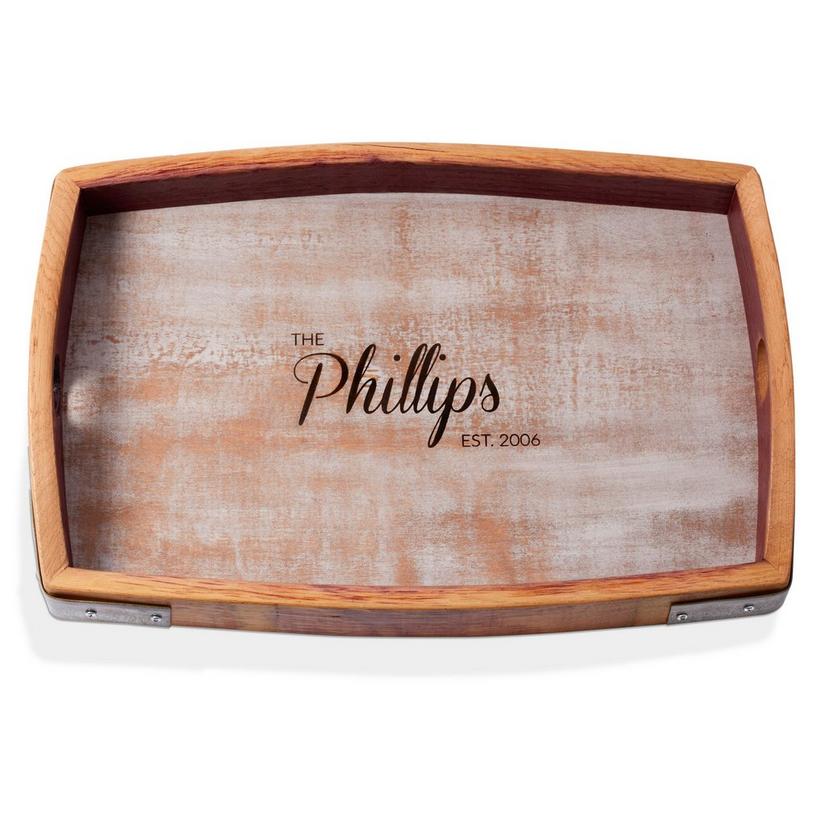 Personalized Whitewashed Barrel Head Serving Tray With Name and Year