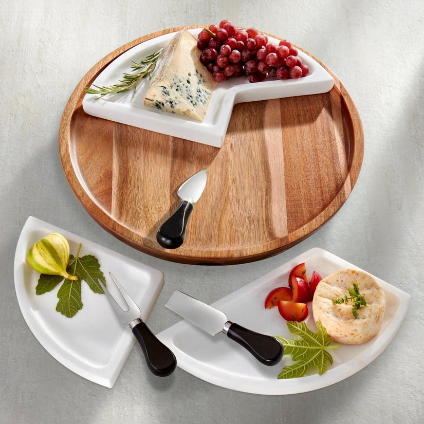 Unique Handcrafted Design with 3 Ceramic Bowls Acacia Wood Charcuterie Board and Cheese Serving Platter Shanik Cheese Board with Black Slate Blade and 3 Stainless Steel Cutlery Set