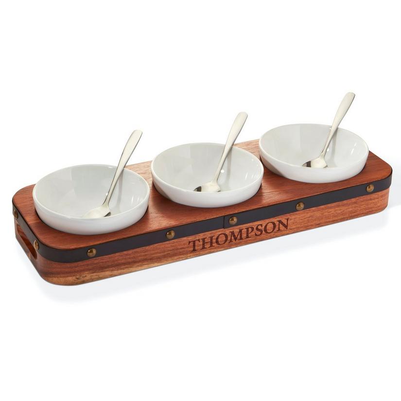 Barrel-Inspired Acacia Wood Condiment Server Set with Ramekins and Spoons