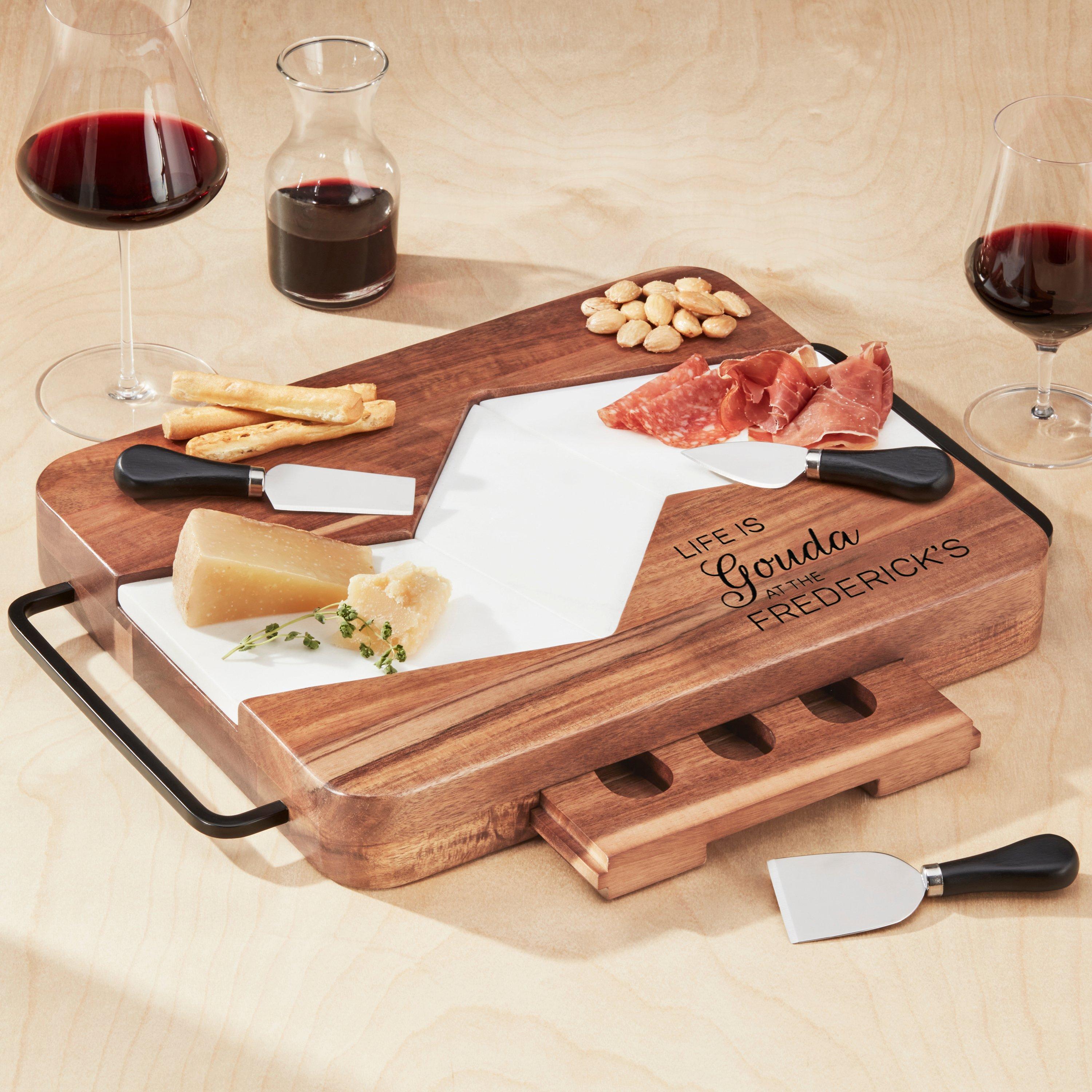 Acacia Wood and Marble Cheeseboard with Iron Handles and Cheese Knife Set