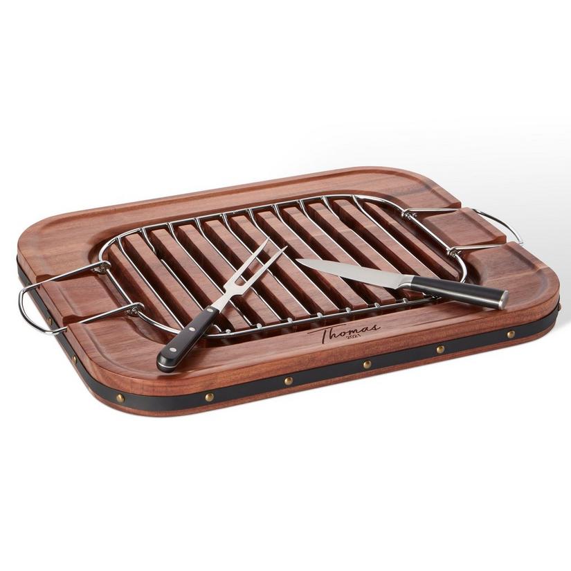 Barrel-Inspired Acacia Wood Carving Board Set with Roasting Rack, Carving Fork and Knife