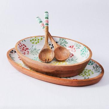 Mango Wood and Enamel 4-Piece Serving Set with Wine-Glass Pineapple Print