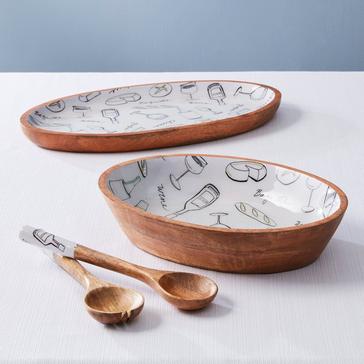 Mango Wood and Enamel 4-Piece Serving Set with Wine and Cheese Toss Pattern