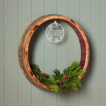 Reclaimed Wine Barrel Wreath with Personalized Ornament