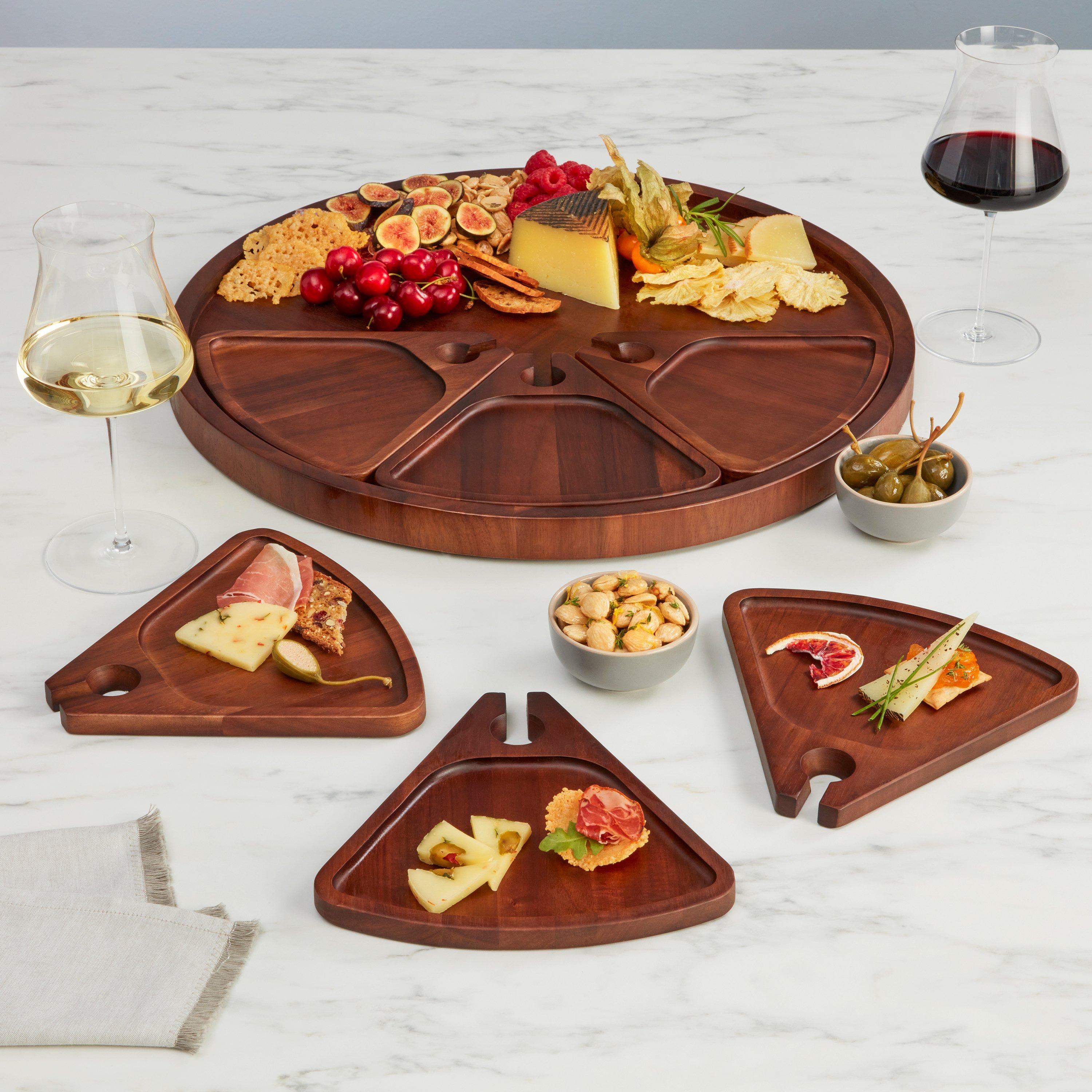 Acacia Wood Serving Board and Cocktail Appetizer Plates With Wine Glass