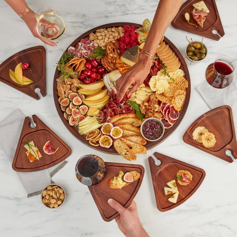 Acacia Wood Serving Board and Cocktail Appetizer Plates With Wine Glass Holders (7-Piece Set)