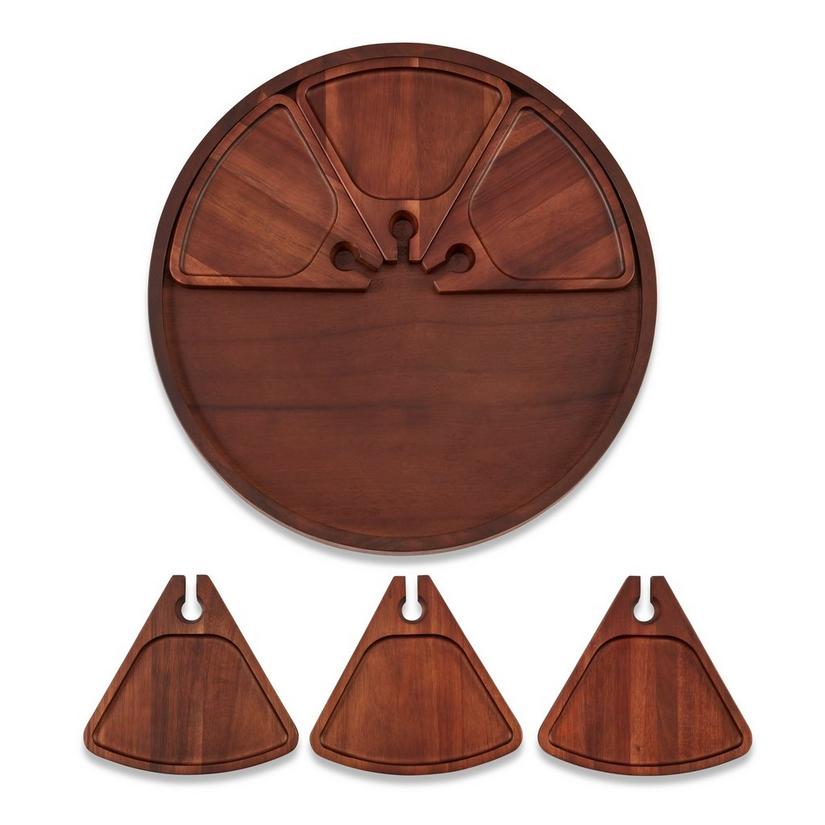 Acacia Wood Serving Board and Cocktail Appetizer Plates With Wine Glass Holders (7-Piece Set)