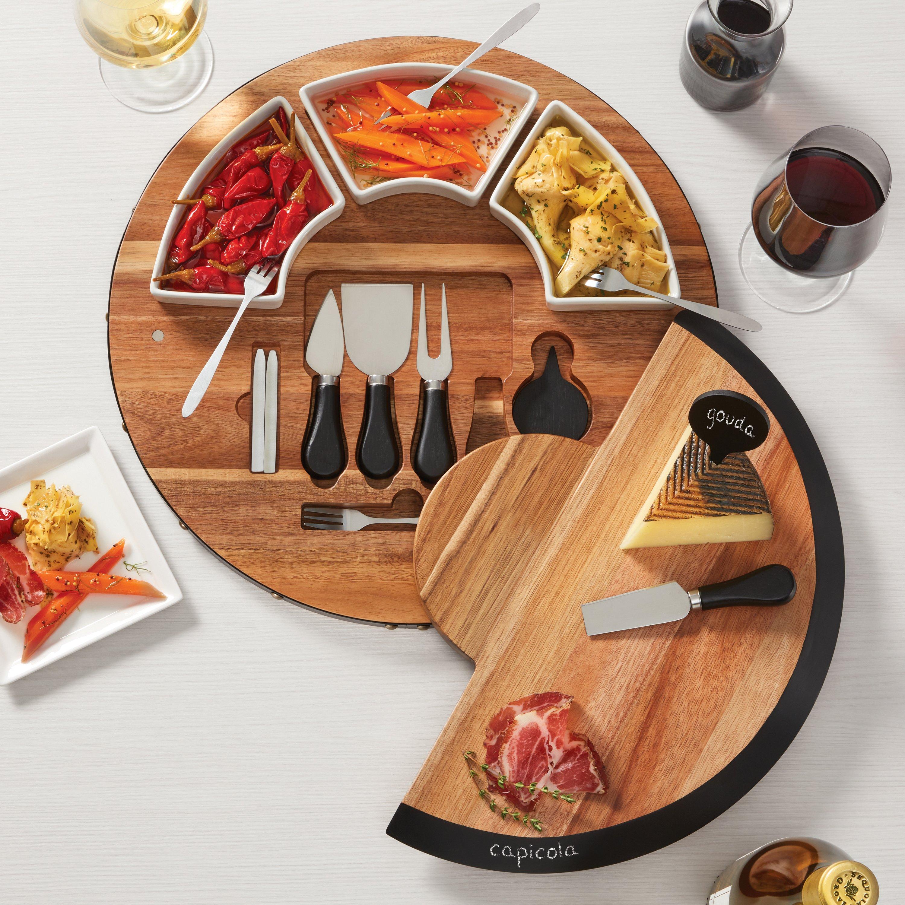 Barrel-Inspired Acacia Wood and Chalkboard Swivel Cheeseboard Set - Not Personalized