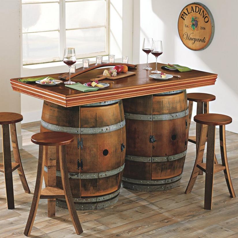 Reclaimed Wine Barrel Bar Island Set, Wine Barrel Dining Table And Chairs