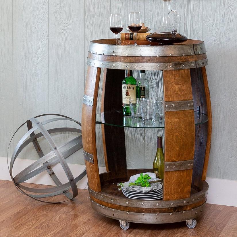Vintage Wine Barrel Bar Cart, Antique Wooden Bar Carts