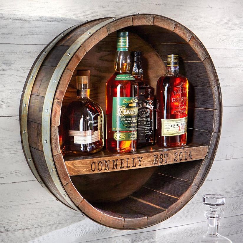 Personalized Reclaimed Whiskey Barrel Bar Shelf Wine Enthusiast - Whiskey Barrel Home Decor