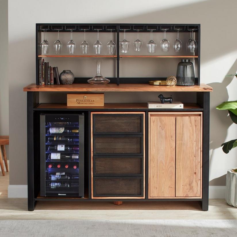 Morgon Live Edge Metal and Wood Wine Bar Center With Glassware Storage Hutch
