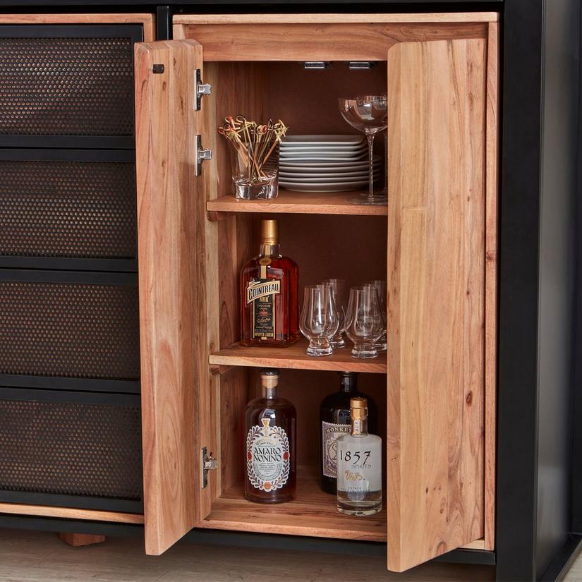 Morgon Live Edge Metal and Wood Wine Bar Center With Glassware Storage Hutch