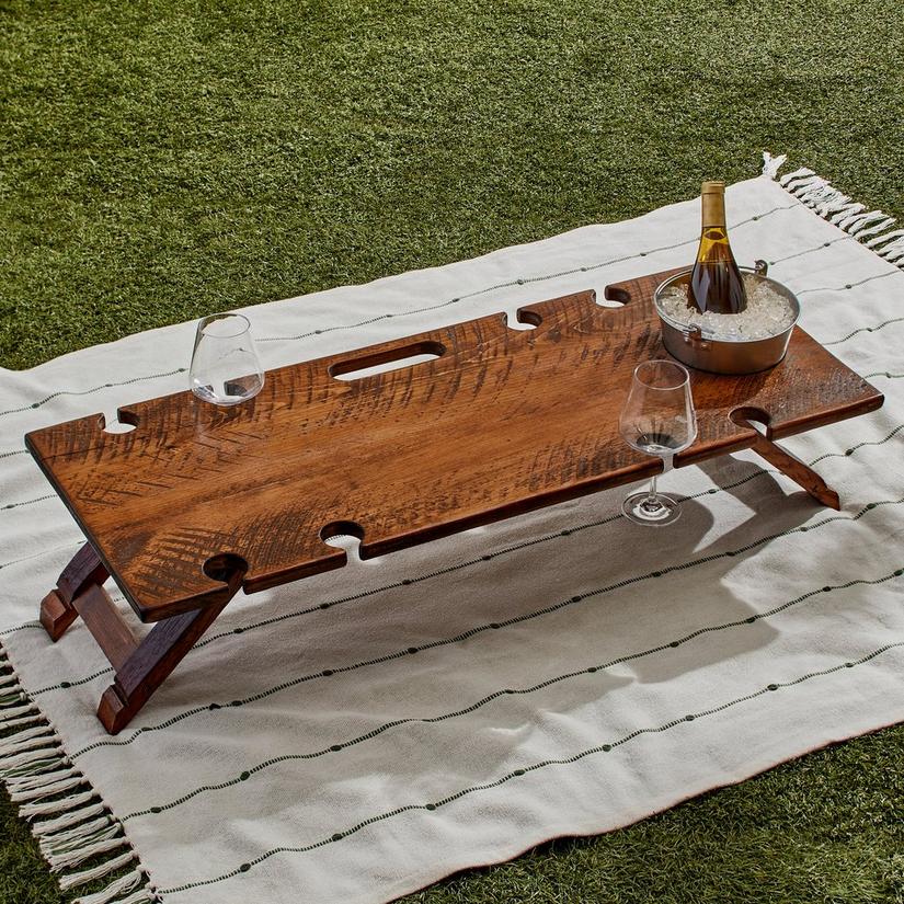Reclaimed Barrel Portable Picnic Table with Stemware Holders and Bucket Chiller