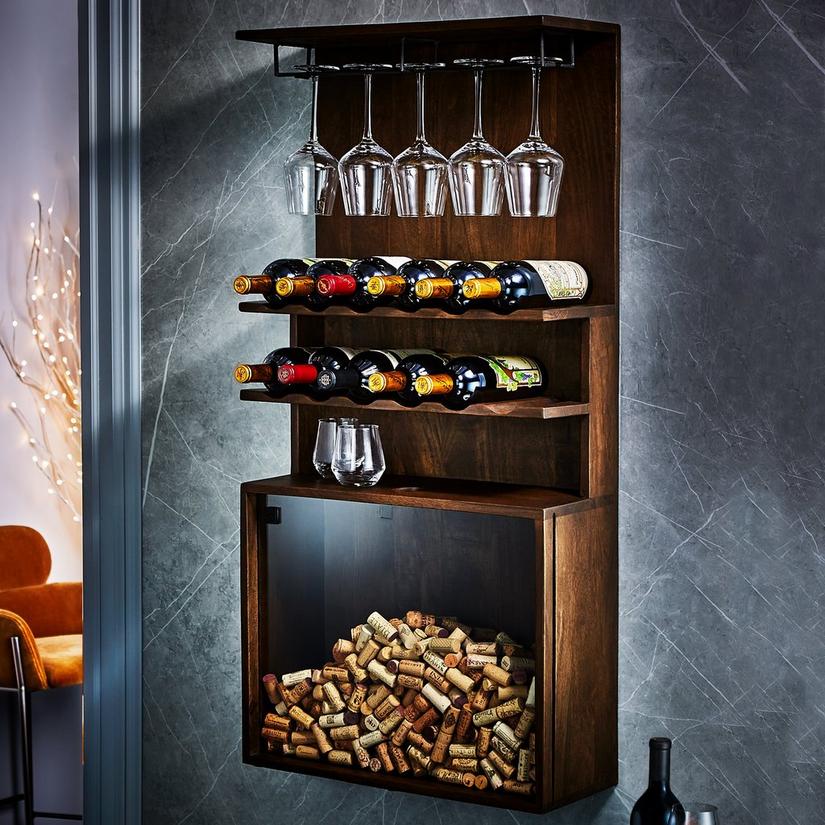 Wall Mounted Wine And Stemware Rack With Cork Catcher Enthusiast - Wall Mounted Wine Cork Holder