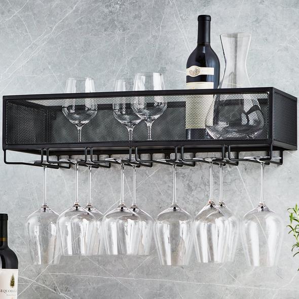 Black Iron Mesh Wall Mounted Storage Shelf & Hanging Wine Glass Rack