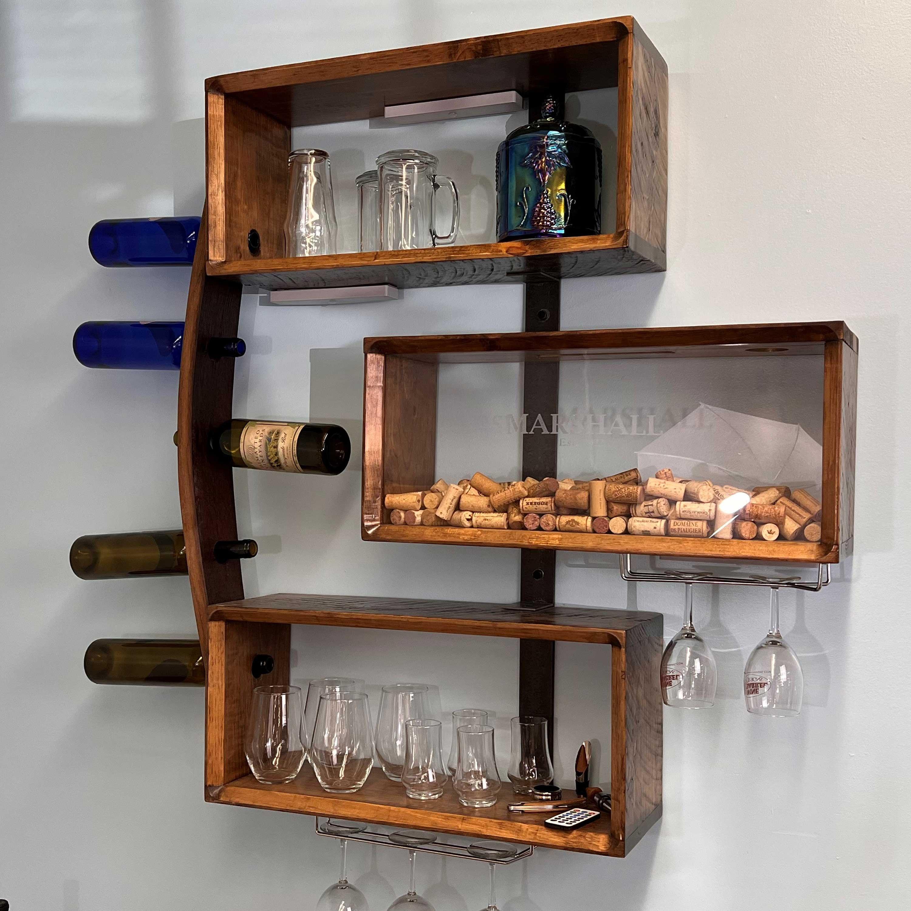 Personalized Lighted Reclaimed Barrel Wine and Stemware Rack