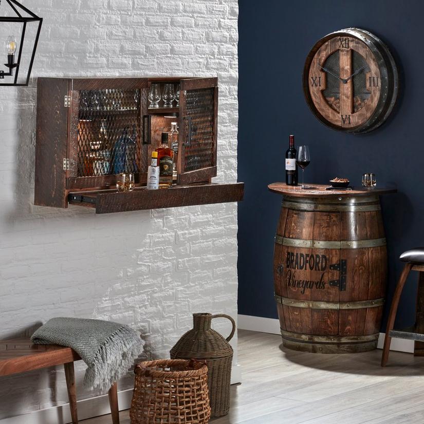 Barrel-Inspired Spirits Wall Bar with Prep Shelf