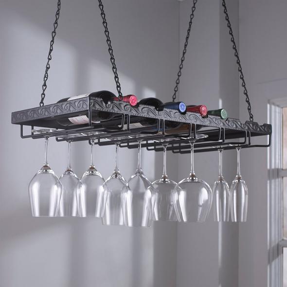Vineyard Design Black Metal Ceiling Mounted Hanging Stemware Wine Glass Hanger Organizer Rack