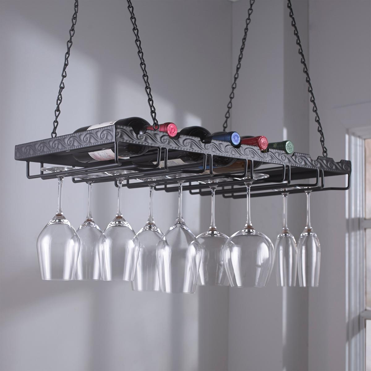 a hanging wine glass rack made of heavy-gauge metal with a powder coat to protect against rust securely suspends from steel chains