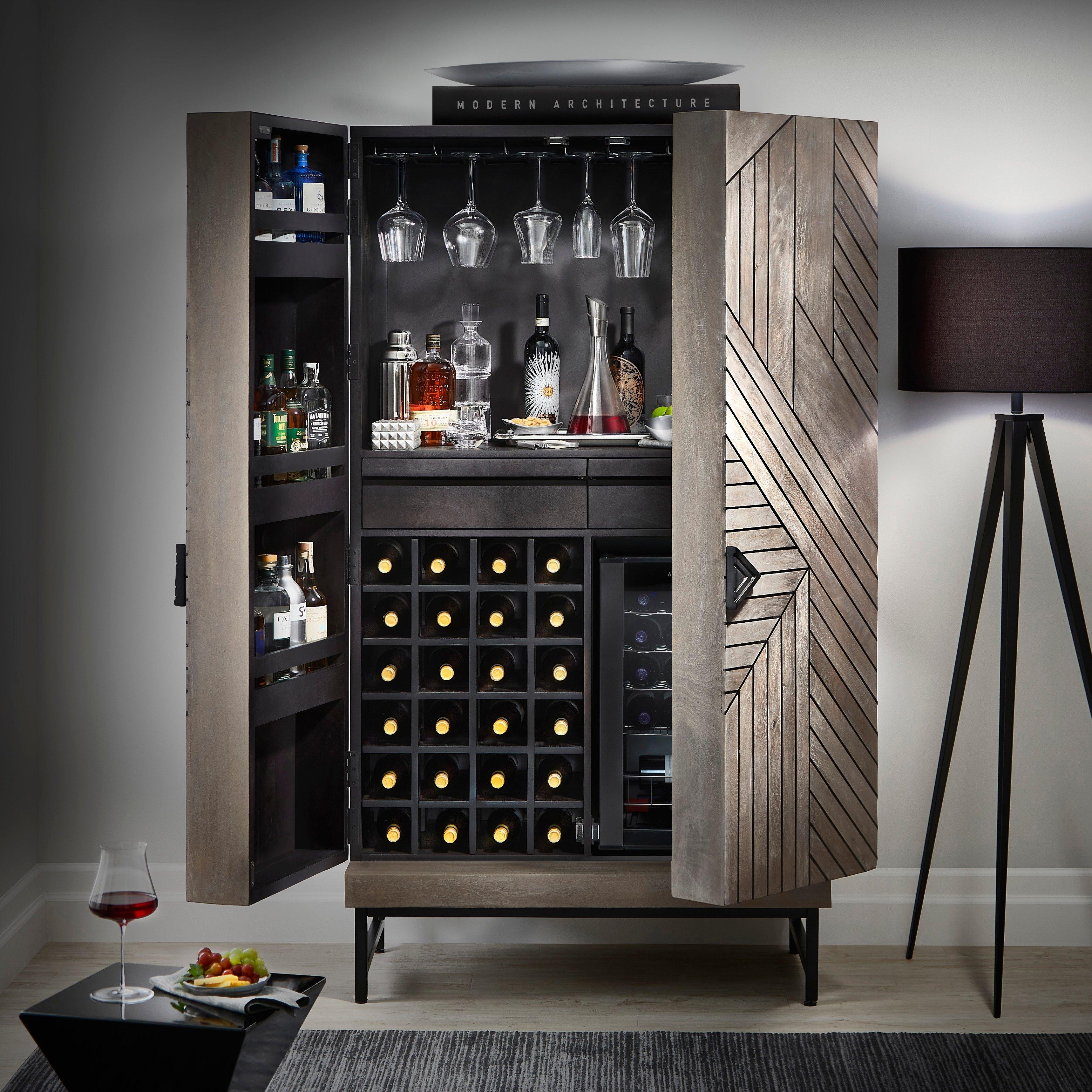 Cheverny Metal Inlay Bar Cabinet With Cooling Storage Option Smoke Gray Finish Wine Enthusiast