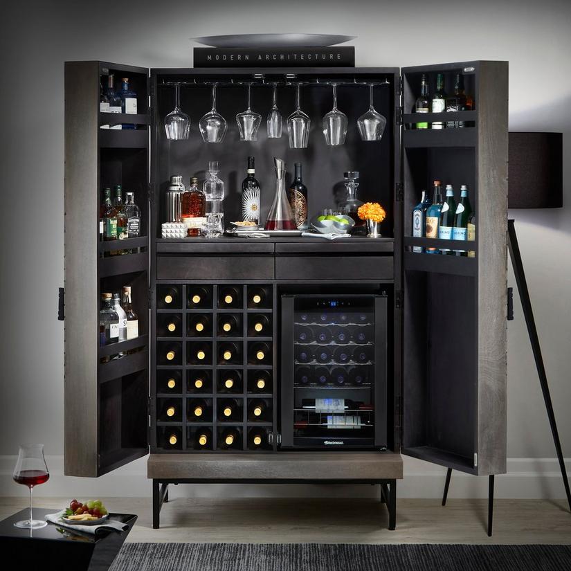 Cheverny Metal Inlay Bar Cabinet with Cooling Storage Option (Smoke Gray Finish)
