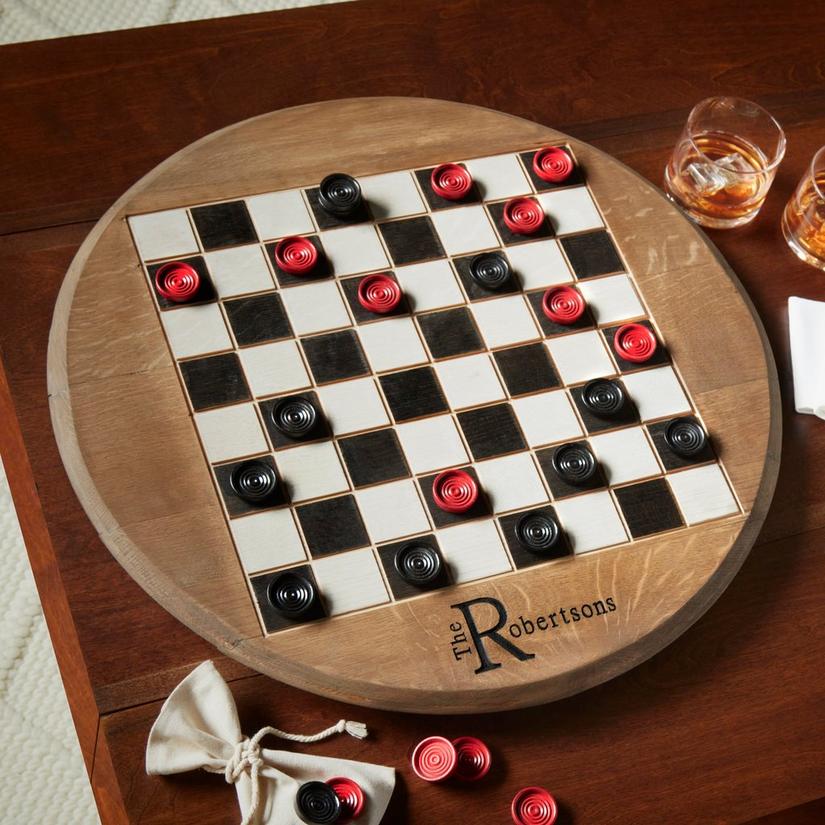 In the Garden and More Reclaimed Wine Barrel Checkers/Chess Game Board Side Table 