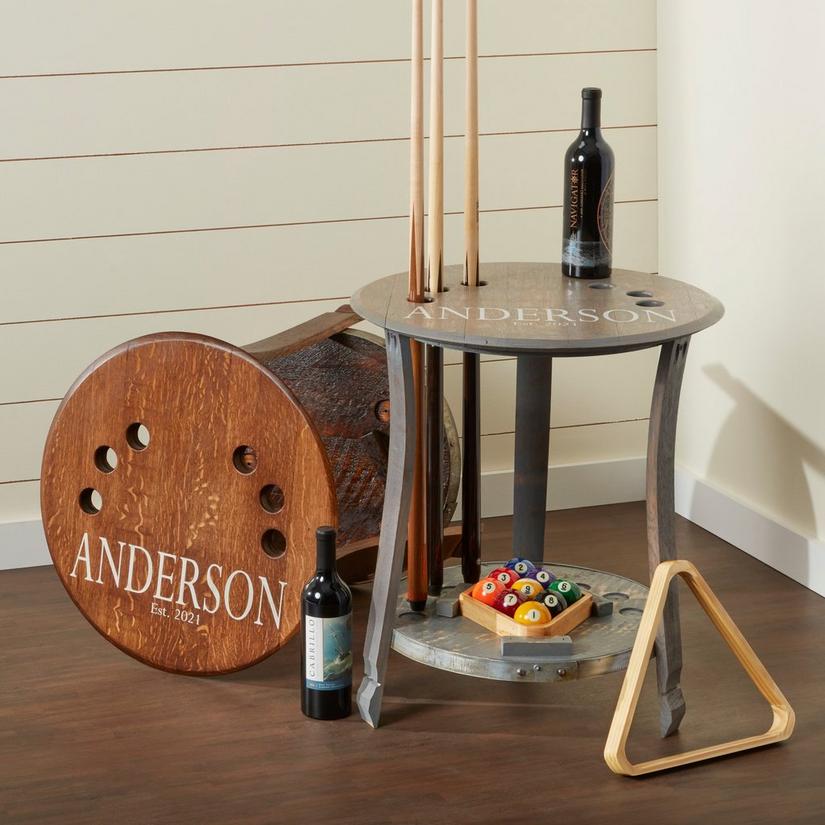 Personalized Reclaimed Barrelhead Pool Cue and Ball Rack Set (Gray Wash)