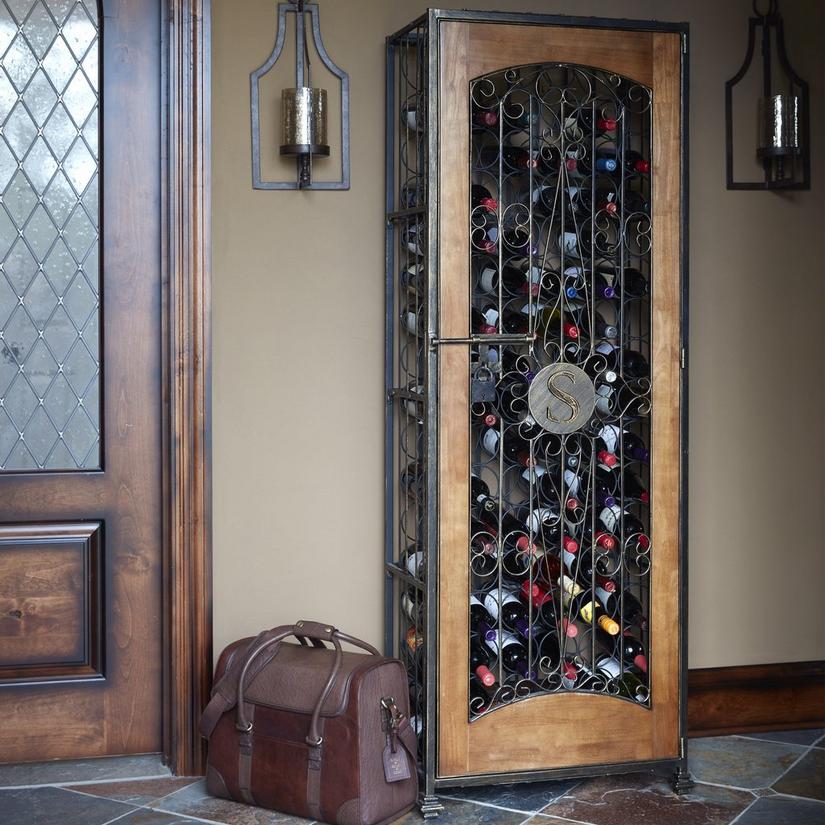 96-Bottle Antiqued Steel and Wooden Accent Wine Jail