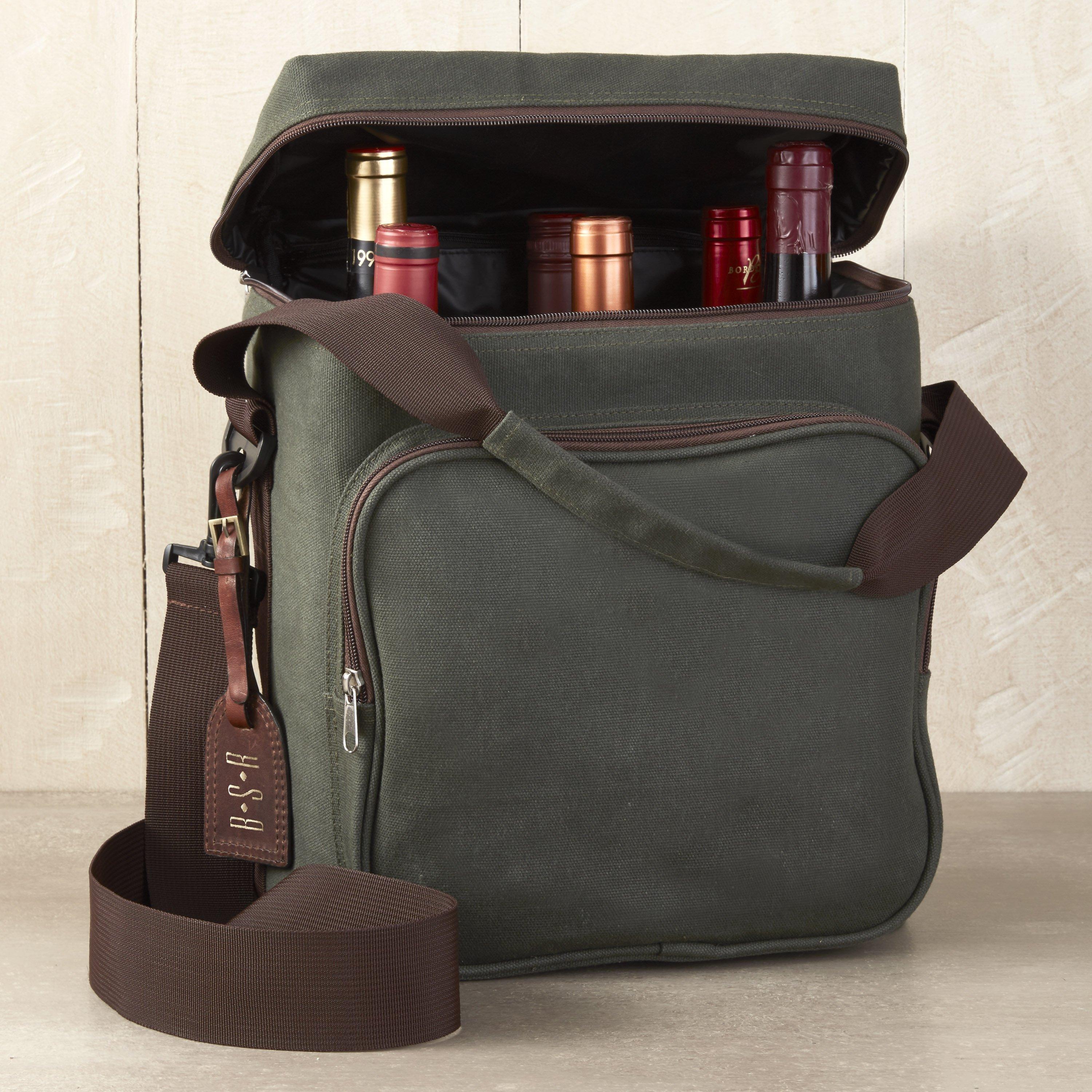 Wine Enthusiast 6-Bottle Wine Bag - Waxed Canvas Weekend Carrier - Forest Green