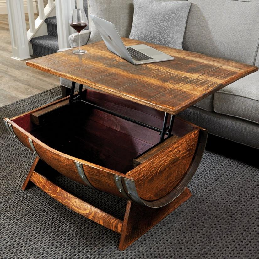 Reclaimed Wine Barrel Coffee Table With, Round Glass Lift Top Coffee Table