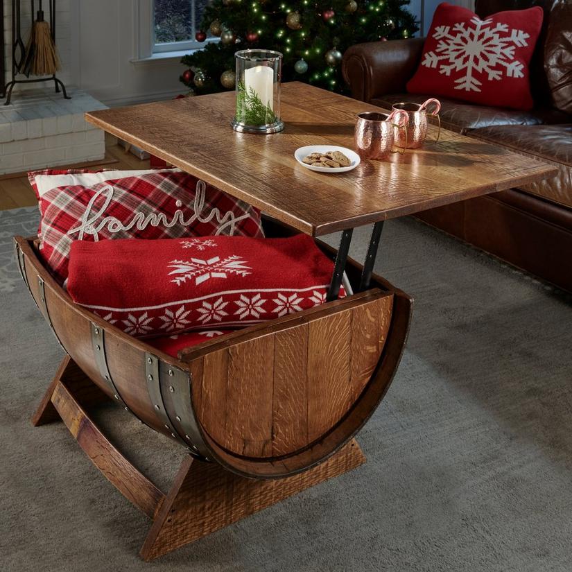 Reclaimed Wine Barrel Coffee Table With Unique Lift-Top