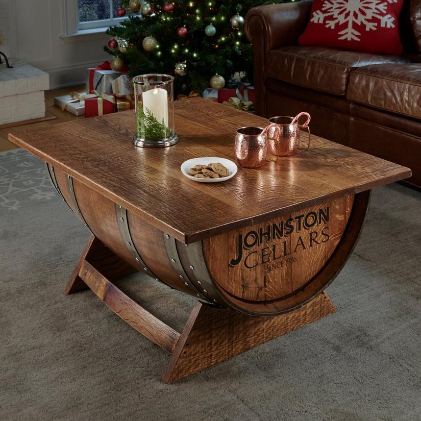 Personalized Reclaimed Wine Barrel Coffee Table With Unique Lift-Top