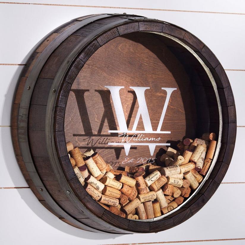 Personalized Reclaimed Wine Barrel Head Cork Collectors Display (Initial, Name, and Year Script)