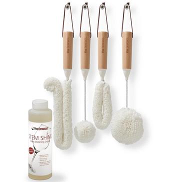 Glassware Cleaning Complete 5-Piece Set (4 Brushes & Stem Shine Wine Glass Cleaning Liquid)