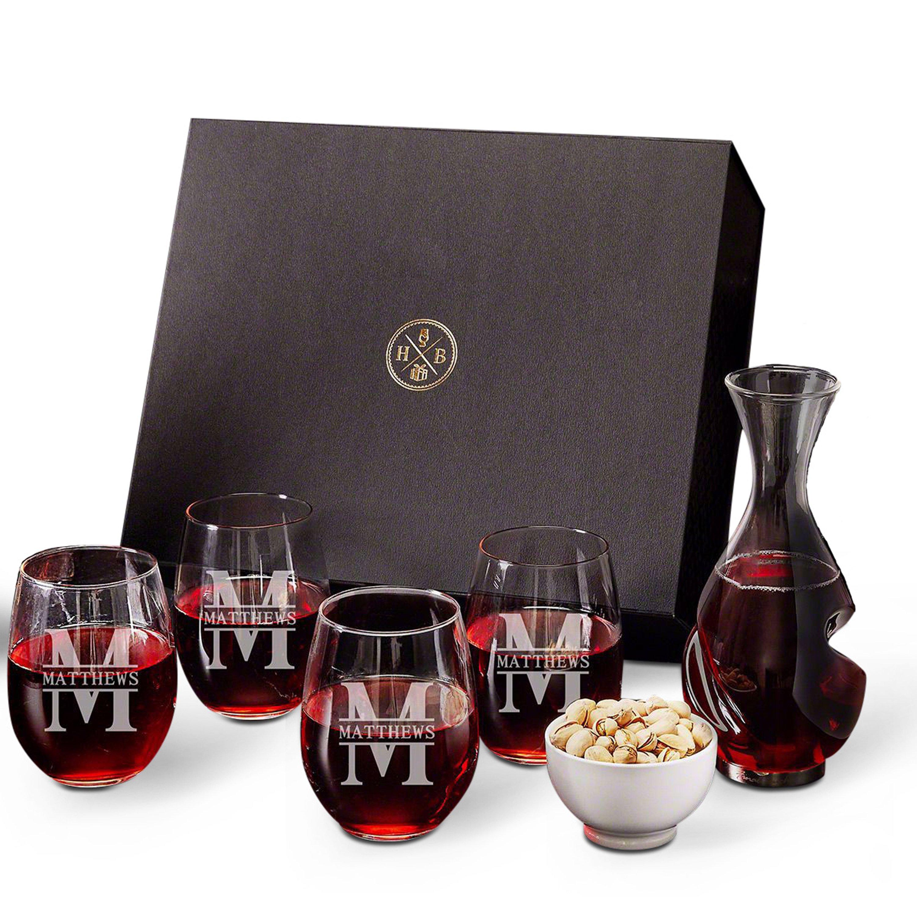 Luxury Wine Aerating Decanter and Stemless Wine Glasses 7-Piece Box Set
