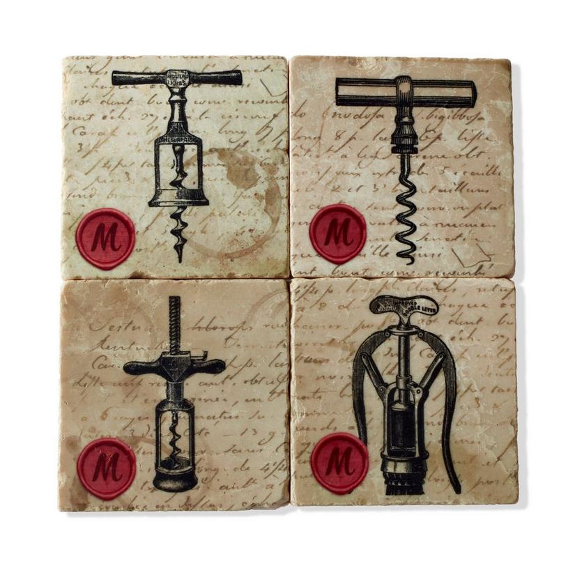 Personalized Italian Marble Antique Corkscrew Coasters (Set of 4)