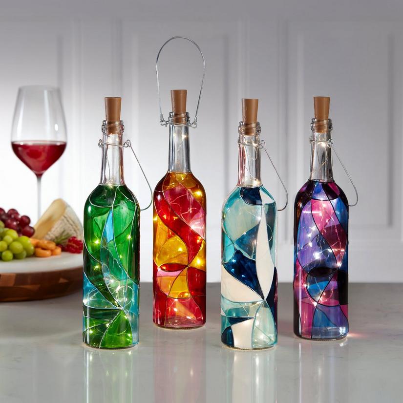Hand-Painted Wine Bottle Lanterns (Set of 4)