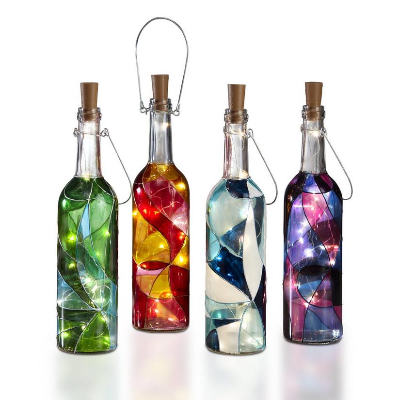Hand-Painted Wine Bottle Lanterns (Set of 4)