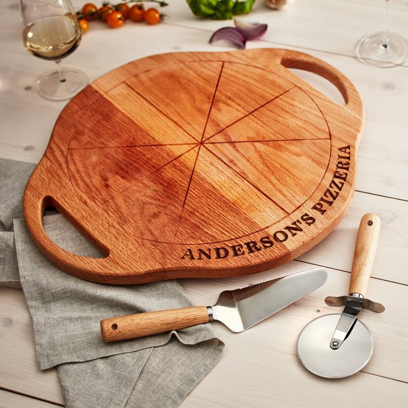 Personalized Reclaimed Barrel Pizza Board with Pizza Wheel and Spatula