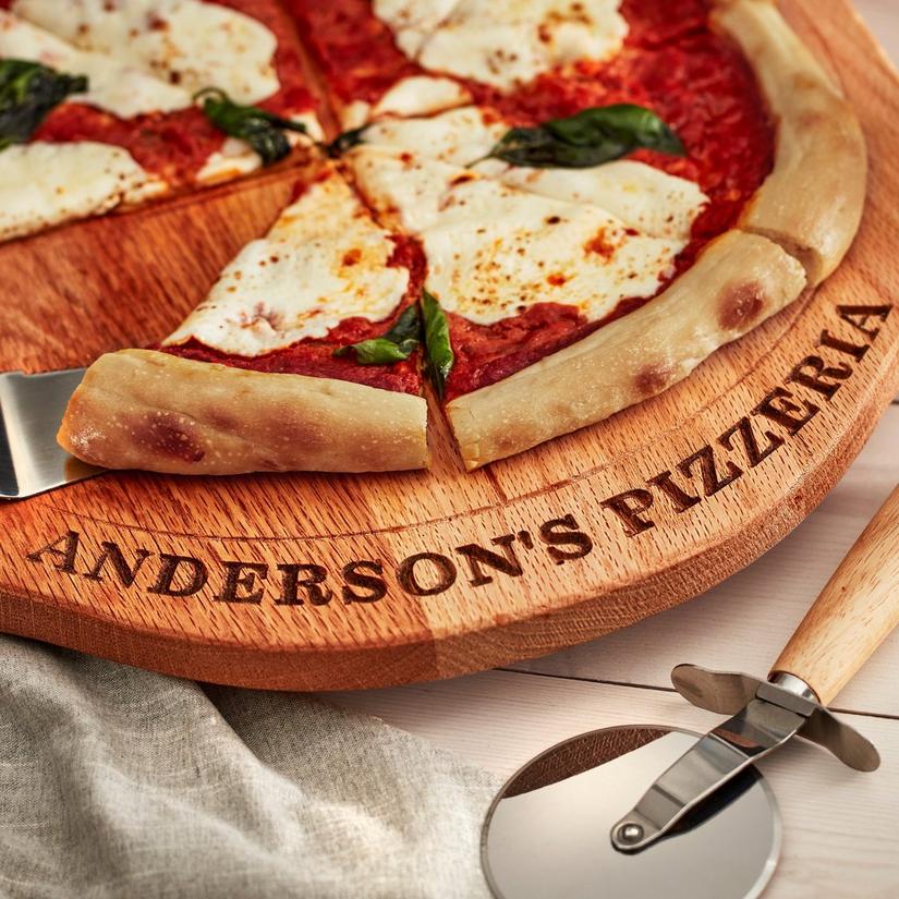 Personalized Reclaimed Barrel Pizza Board with Pizza Wheel and Spatula