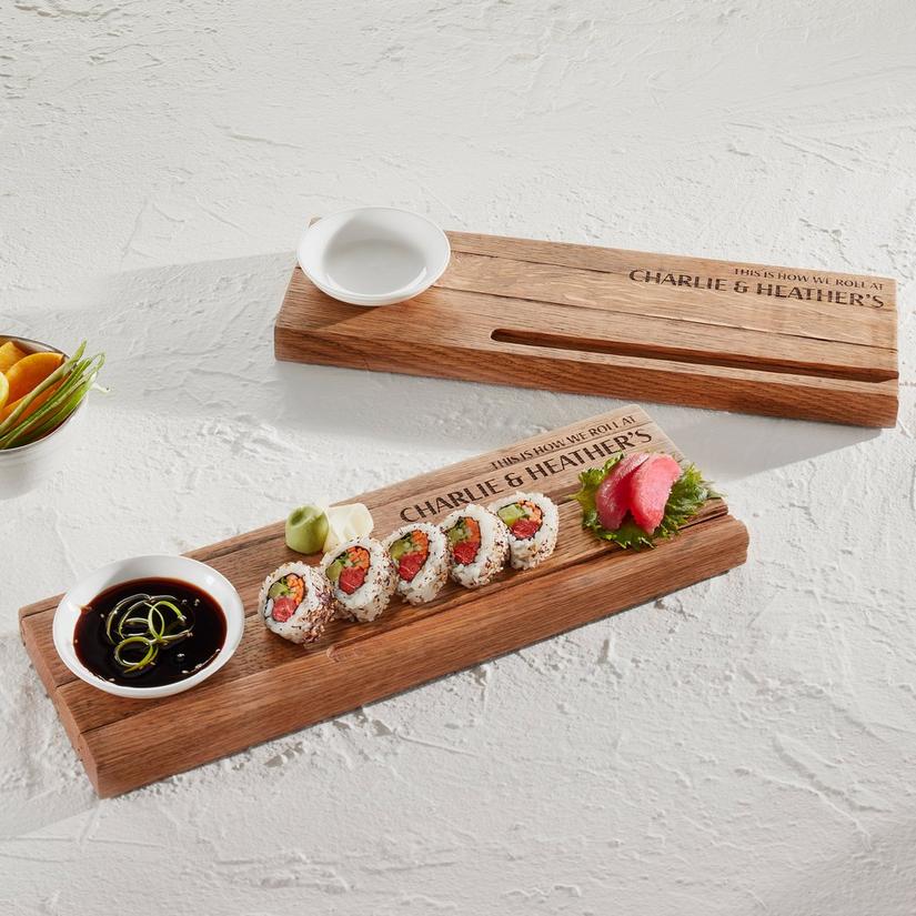 Personalized Reclaimed Whiskey Barrel Sushi Boards With Sauce Dishes (Set  Of 2)