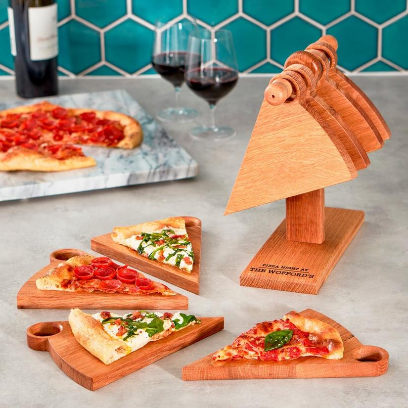 Personalized Reclaimed Whiskey Barrel 9-Piece Pizza Slice Plates Set With  Hanging Storage Stand