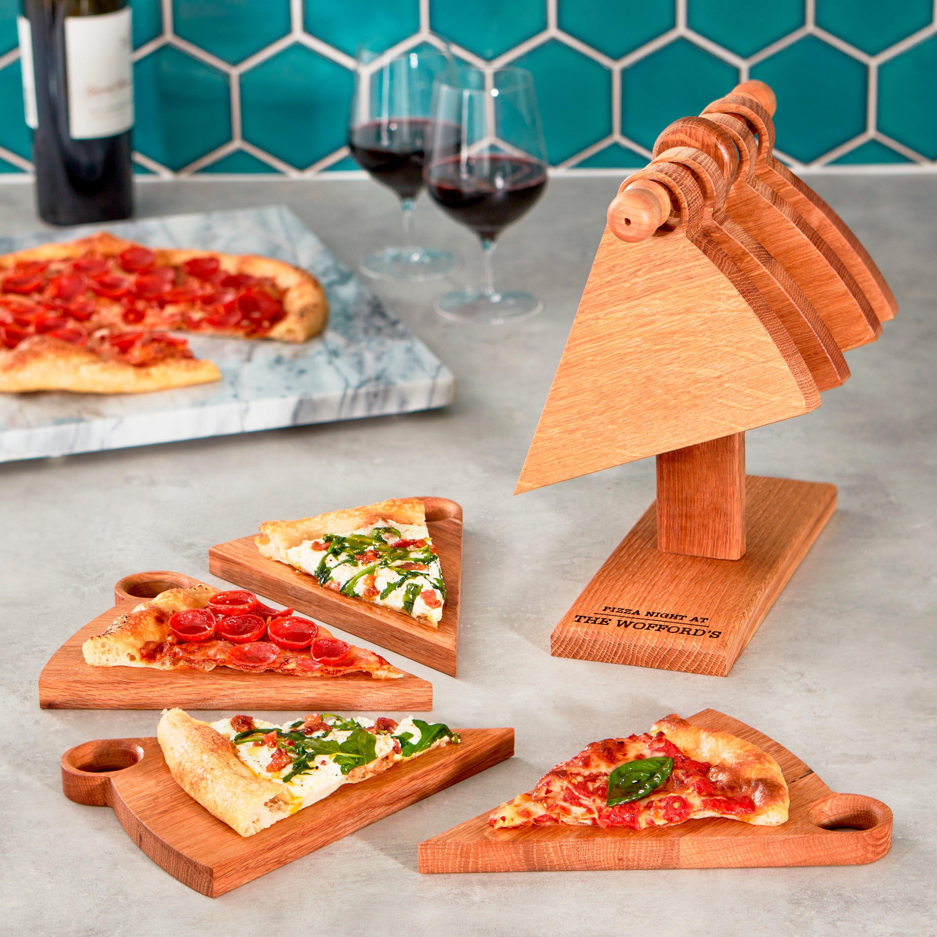 Personalized Reclaimed Whiskey Barrel 9-Piece Pizza Slice Plates Set With  Hanging Storage Stand