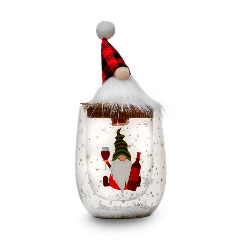 Double-Wall Snow Globe Gnome Wine Tumblers with Gnome Bottle Stoppers Set
