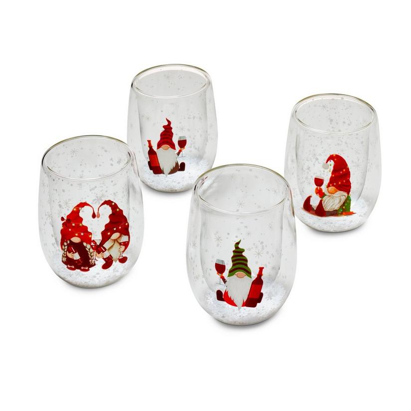 Double-Wall Snow Globe Gnome Wine Tumblers with Gnome Bottle Stoppers Set