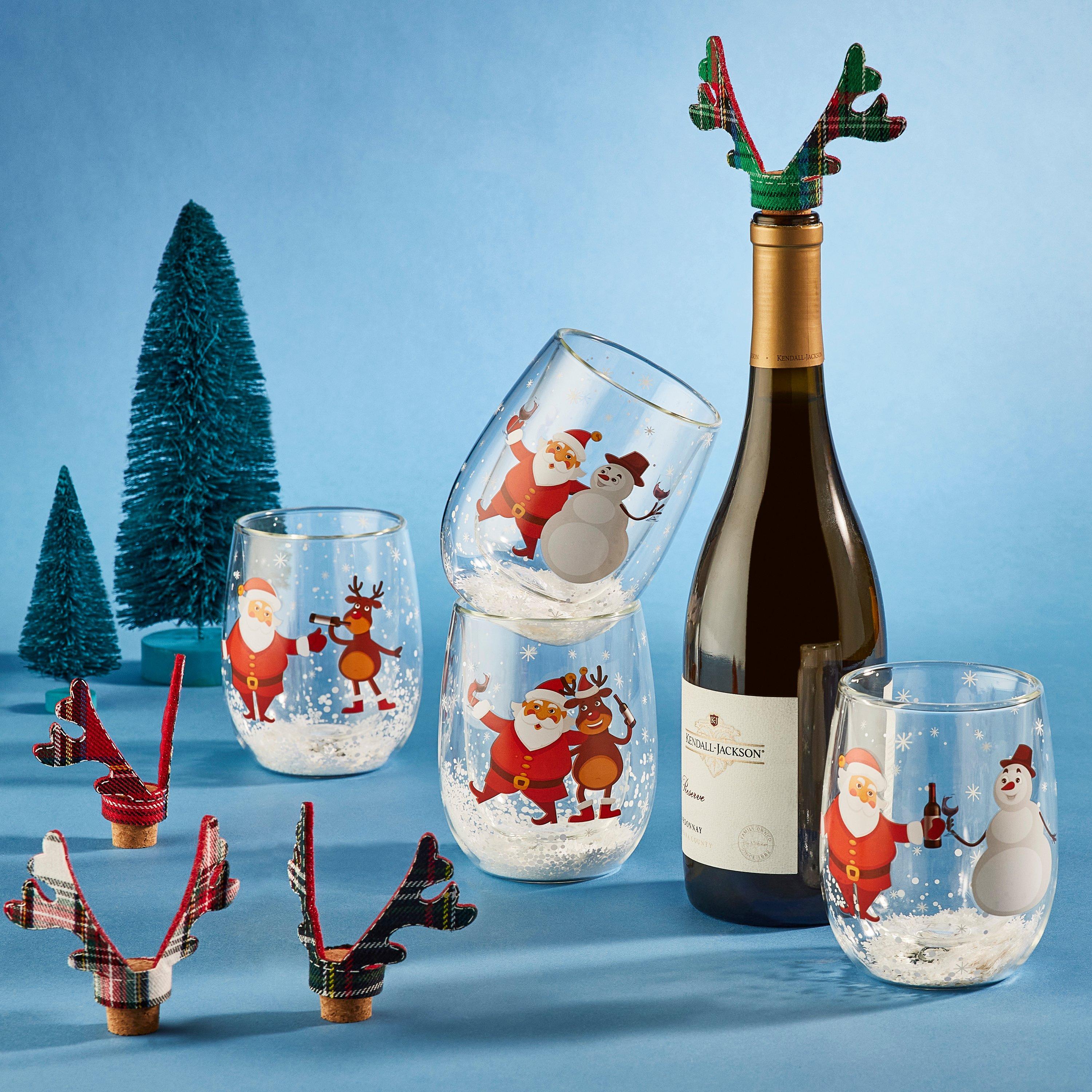 Holiday Cheer Set of 4 Stemless Wine Glasses with Christmas Icons