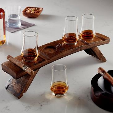 Reclaimed Bourbon Barrel Whiskey Flight Tray with Cigar Rests and Glencairn Glasses