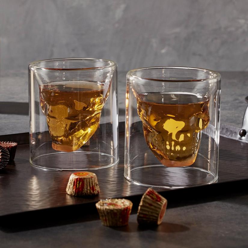 LIVIVO ® Set of 2 Whiskey Glasses with Skull Ice Moulds Includes 2 Skull Print 300ml Whisky Tumblers and Fast Release Slow Melting Silicone Ice Skull Moulds Stylish and Attractive Gift Set 